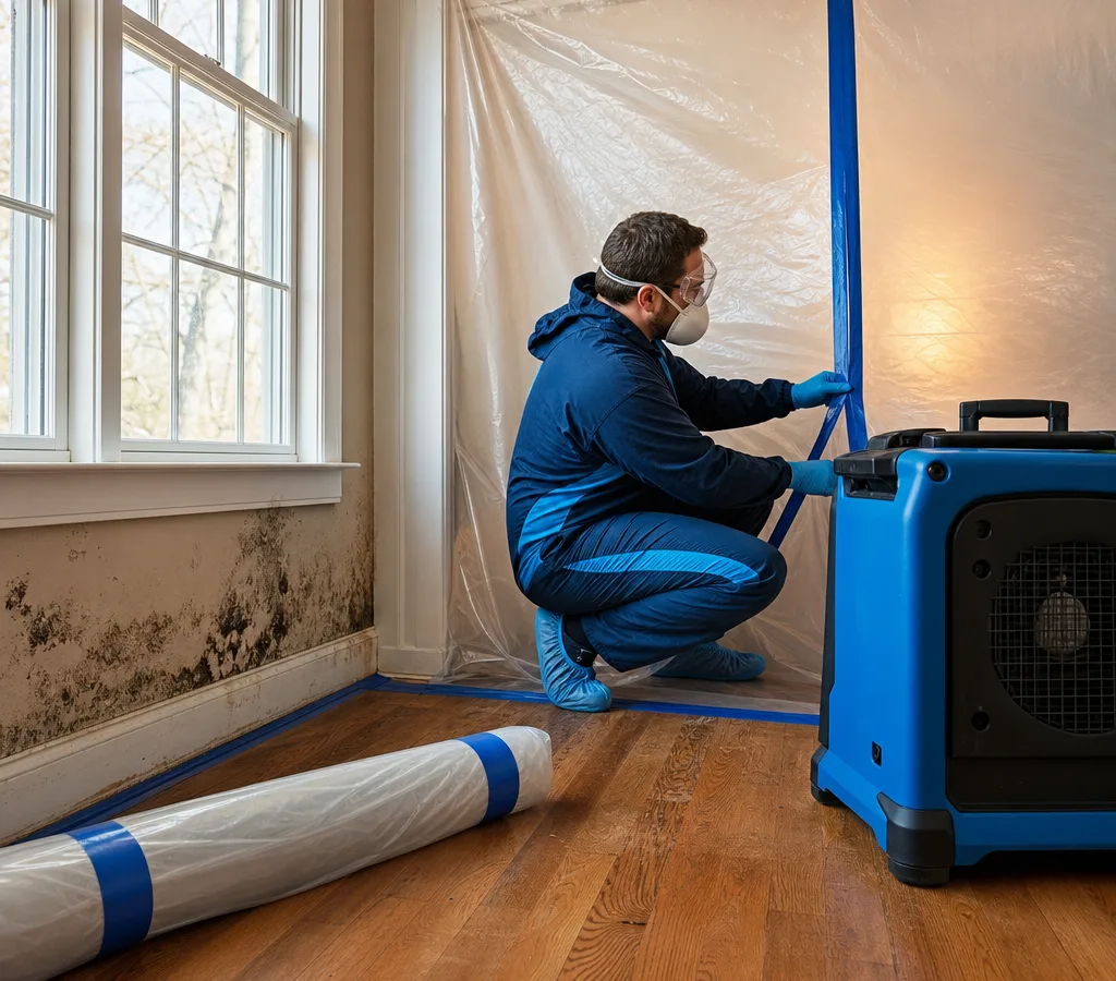 Technician in PPE setting up containment and a HEPA air scrubber near visible mold staining in a residential room
