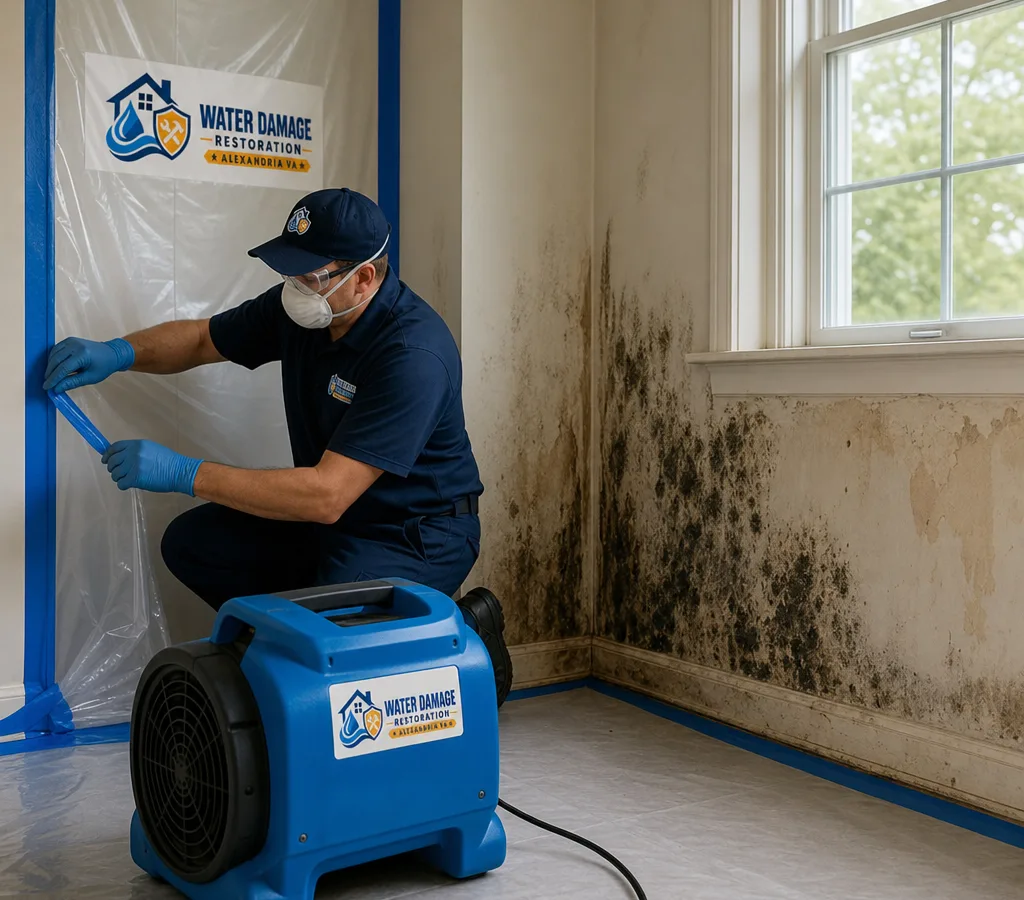 Technician in PPE setting up containment and a HEPA air scrubber near visible mold staining in a residential room