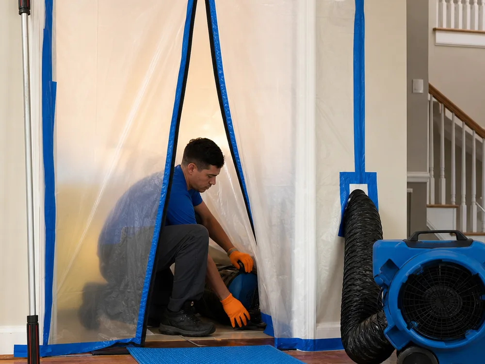 Contained mold remediation work area with zip doorway and a HEPA air scrubber ducted for negative pressure