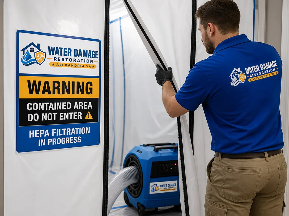 Contained mold remediation work area with zip doorway and a HEPA air scrubber ducted for negative pressure
