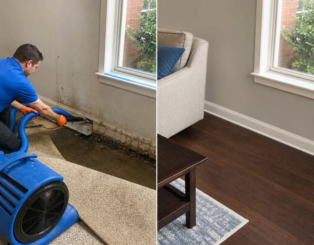 Before and after view of a water-damaged living room with wet flooring and stained baseboard followed by completed flooring, trim, and paint repairs