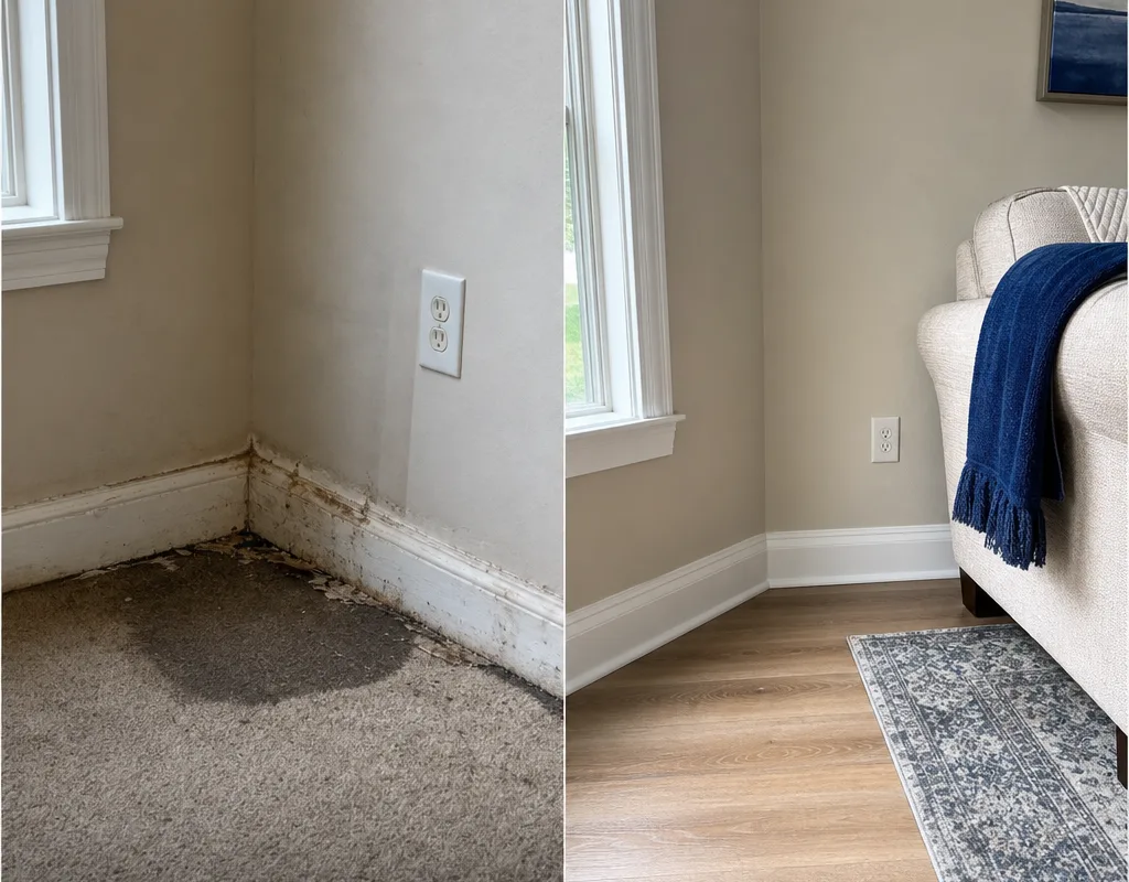 Before and after view of a water-damaged living room with wet flooring and stained baseboard followed by completed flooring, trim, and paint repairs