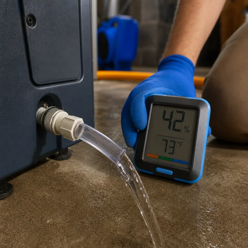 Dehumidifier drain line and thermo-hygrometer reading used for controlled drying and documented monitoring
