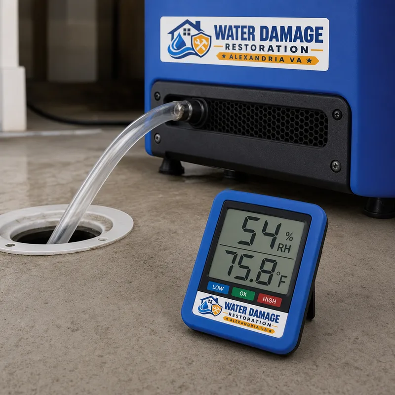 Dehumidifier drain line and thermo-hygrometer reading used for controlled drying and documented monitoring