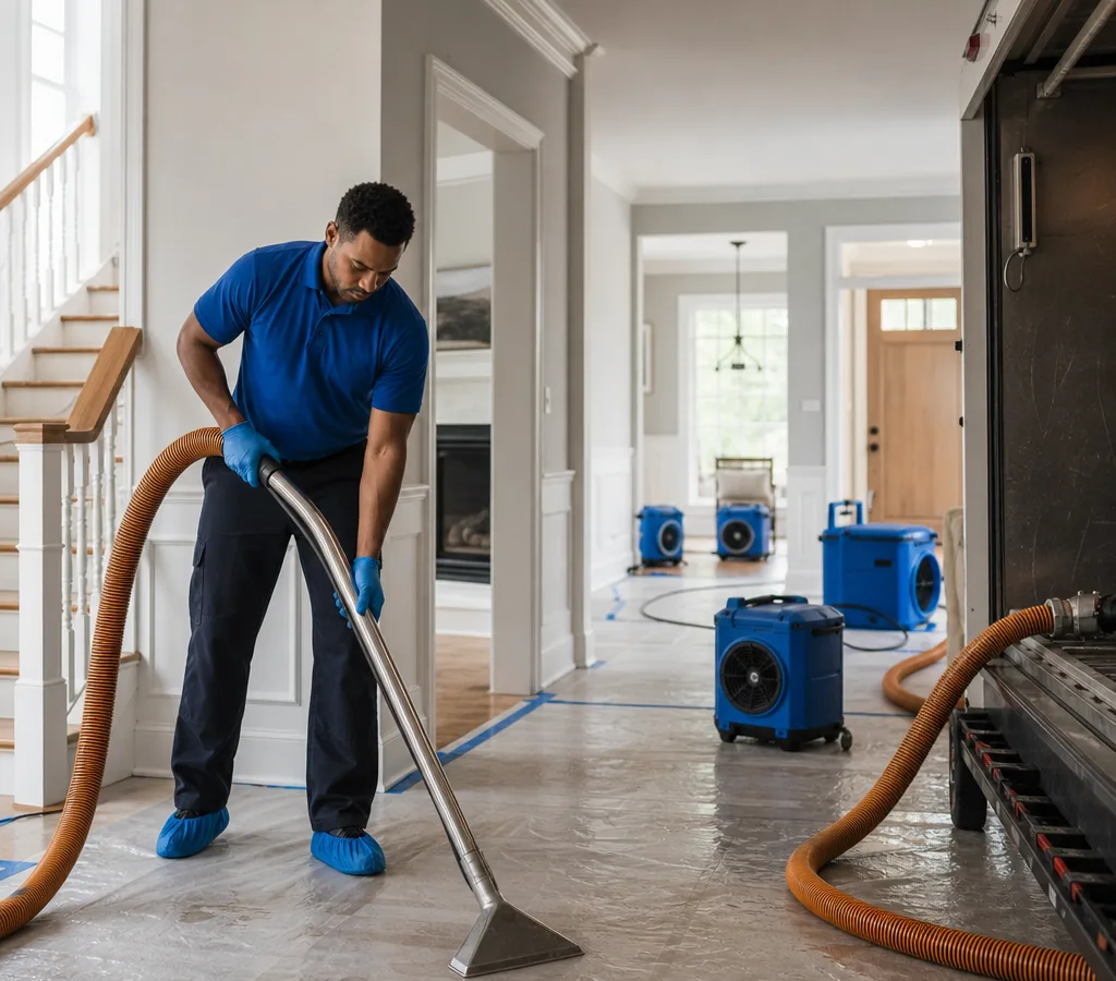 Technician using an extraction hose in an Alexandria home with protected flooring and air movers staged for water damage cleanup