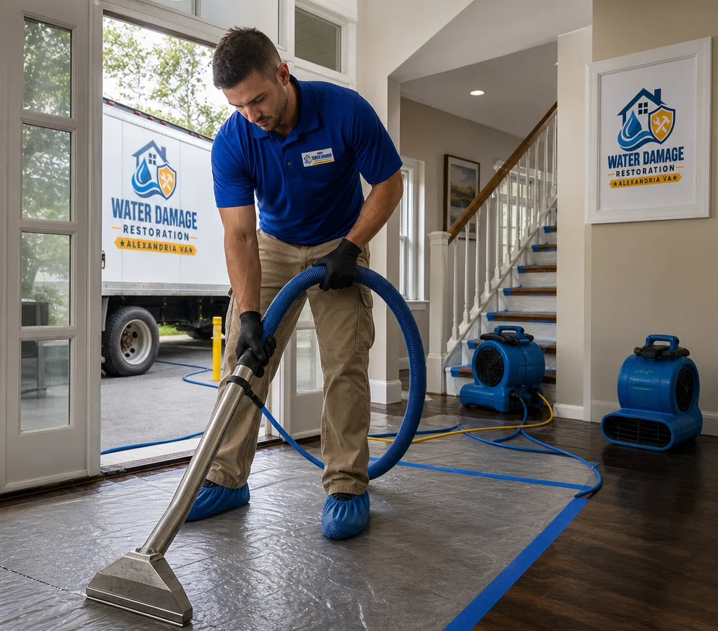Technician using an extraction hose in an Alexandria home with protected flooring and air movers staged for water damage cleanup