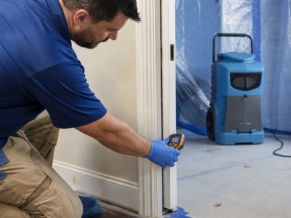 Moisture meter being used on baseboard and drywall with containment and a dehumidifier visible during water damage restoration