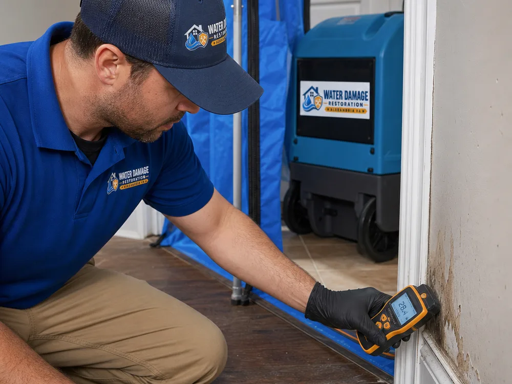 Moisture meter being used on baseboard and drywall with containment and a dehumidifier visible during water damage restoration