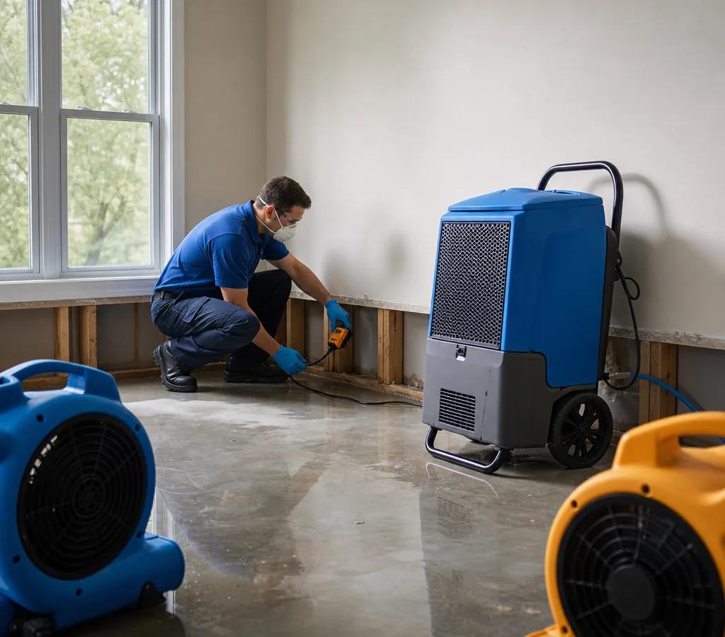 Restoration technician using commercial drying equipment and a moisture meter in a water-damaged residential room