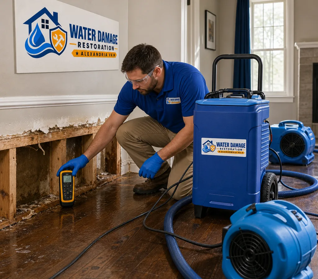 Restoration technician using commercial drying equipment and a moisture meter in a water-damaged residential room