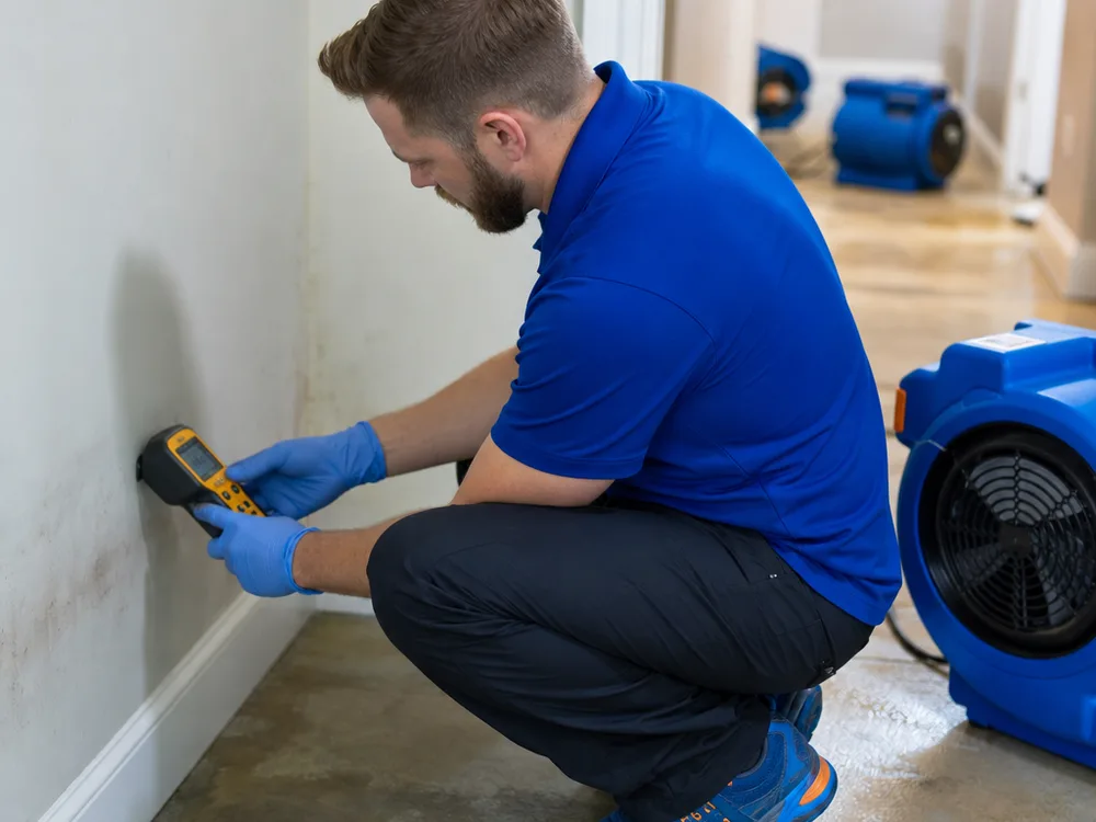 Technician measuring moisture at baseboard and drywall while air movers operate in a water-affected hallway