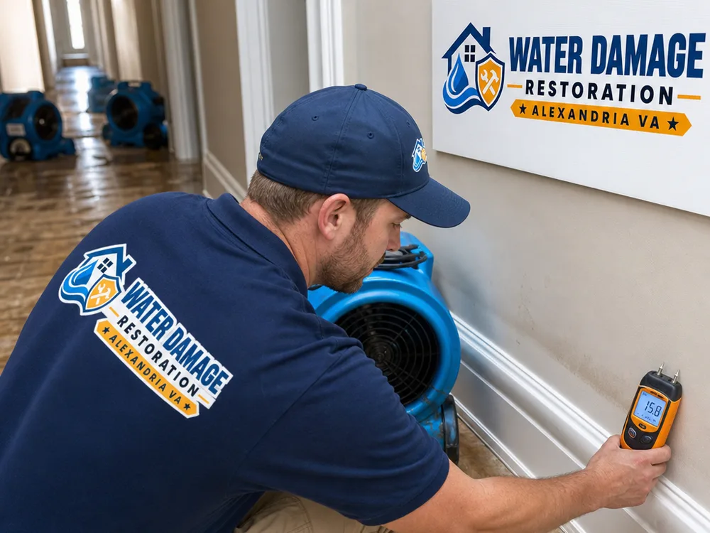 Technician measuring moisture at baseboard and drywall while air movers operate in a water-affected hallway