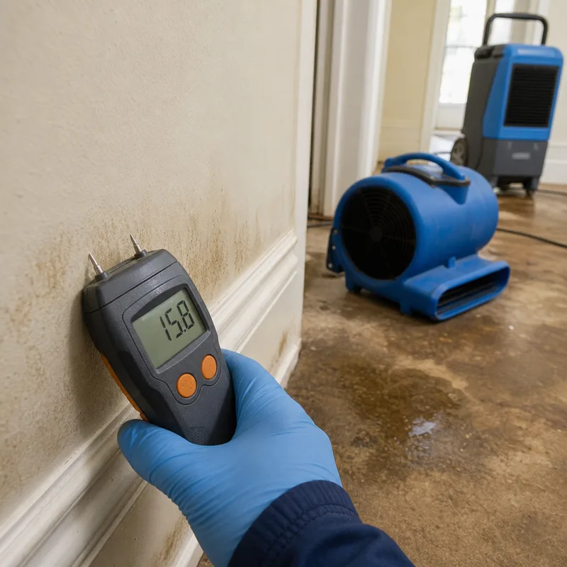 Close-up of a moisture meter reading on baseboard and drywall with air movers and a dehumidifier running in the background