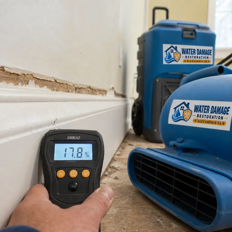 Close-up of a moisture meter reading on baseboard and drywall with air movers and a dehumidifier running in the background