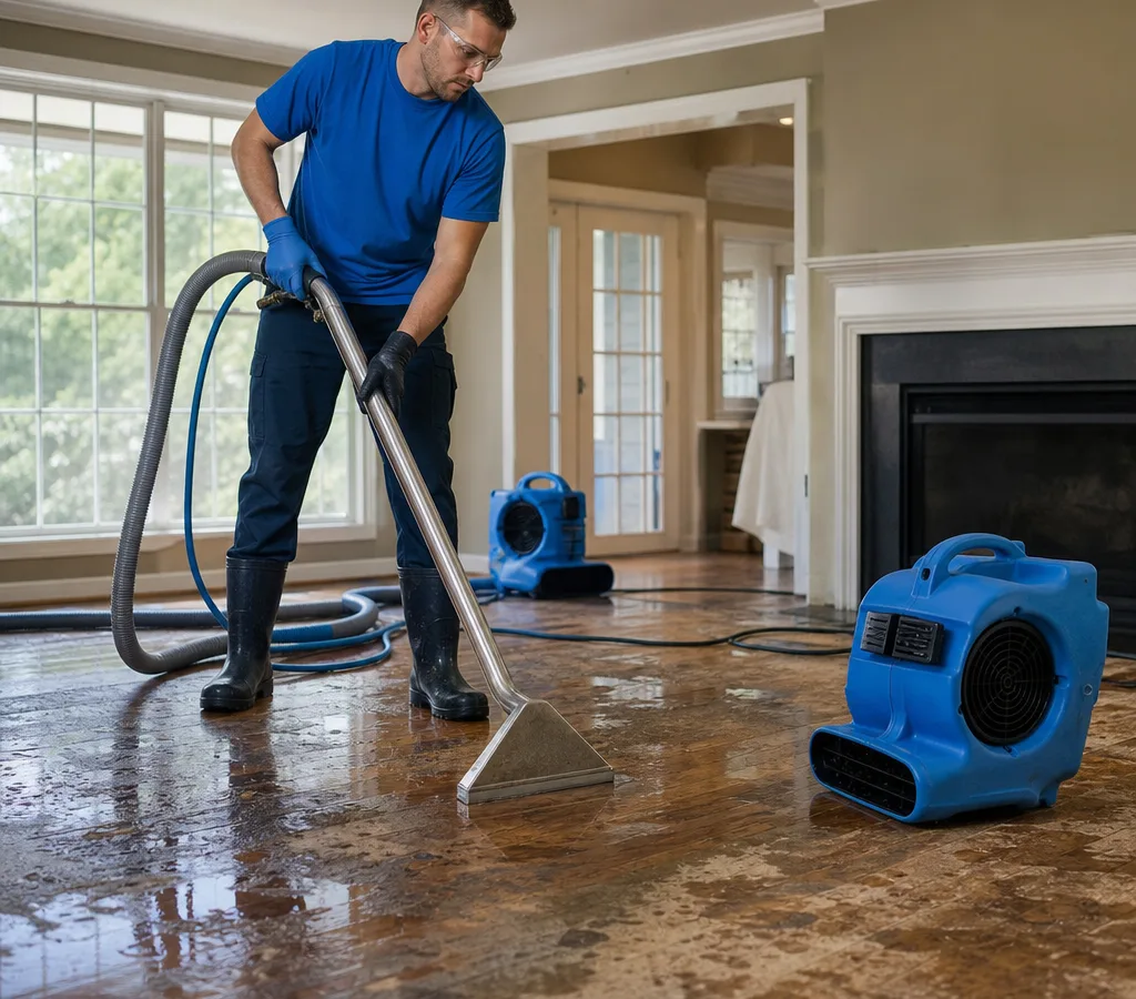 Technician in protective gear using a water extraction wand and placing air movers in an Alexandria living room with water-damaged flooring