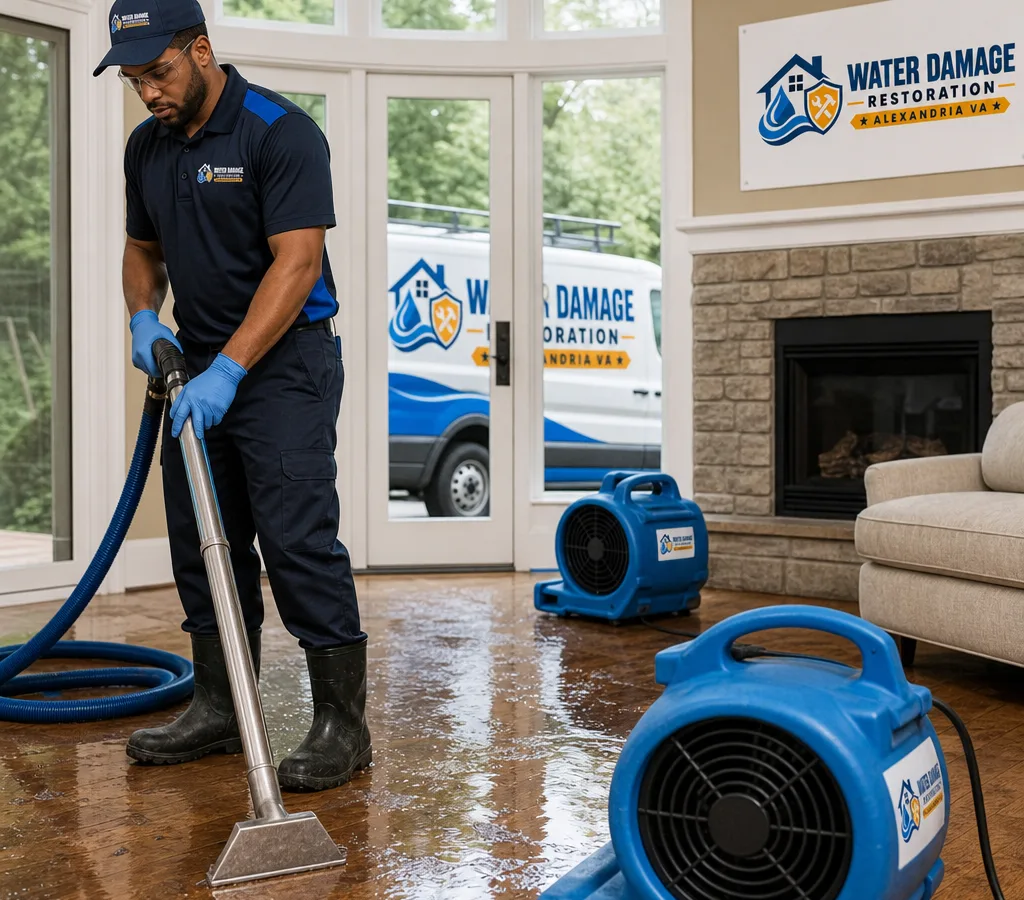 Technician in protective gear using a water extraction wand and placing air movers in an Alexandria living room with water-damaged flooring