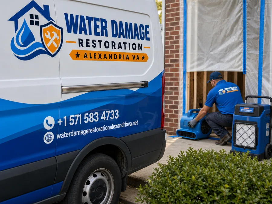 Technician placing an air mover at an opened wall cavity with containment and a HEPA air scrubber during structural drying