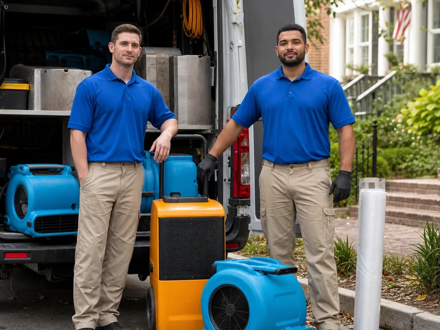 Restoration technicians with service vehicle and staged drying equipment on an Alexandria residential street