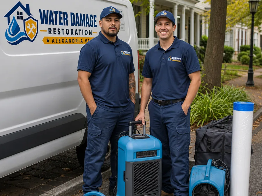 Restoration technicians with service vehicle and staged drying equipment on an Alexandria residential street